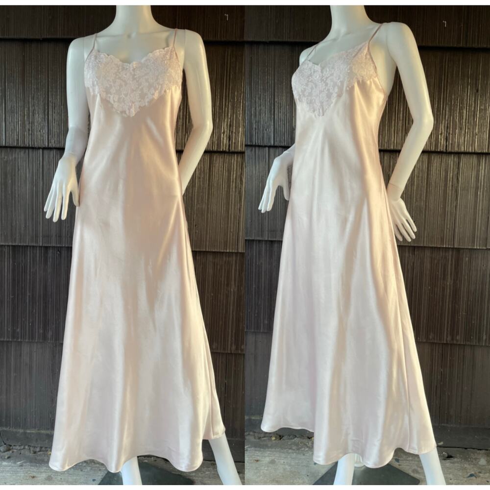 🔥Vintage Y2K Jones New York Romantic Pink Satin Sheer Lace Maxi Nightgown M-L